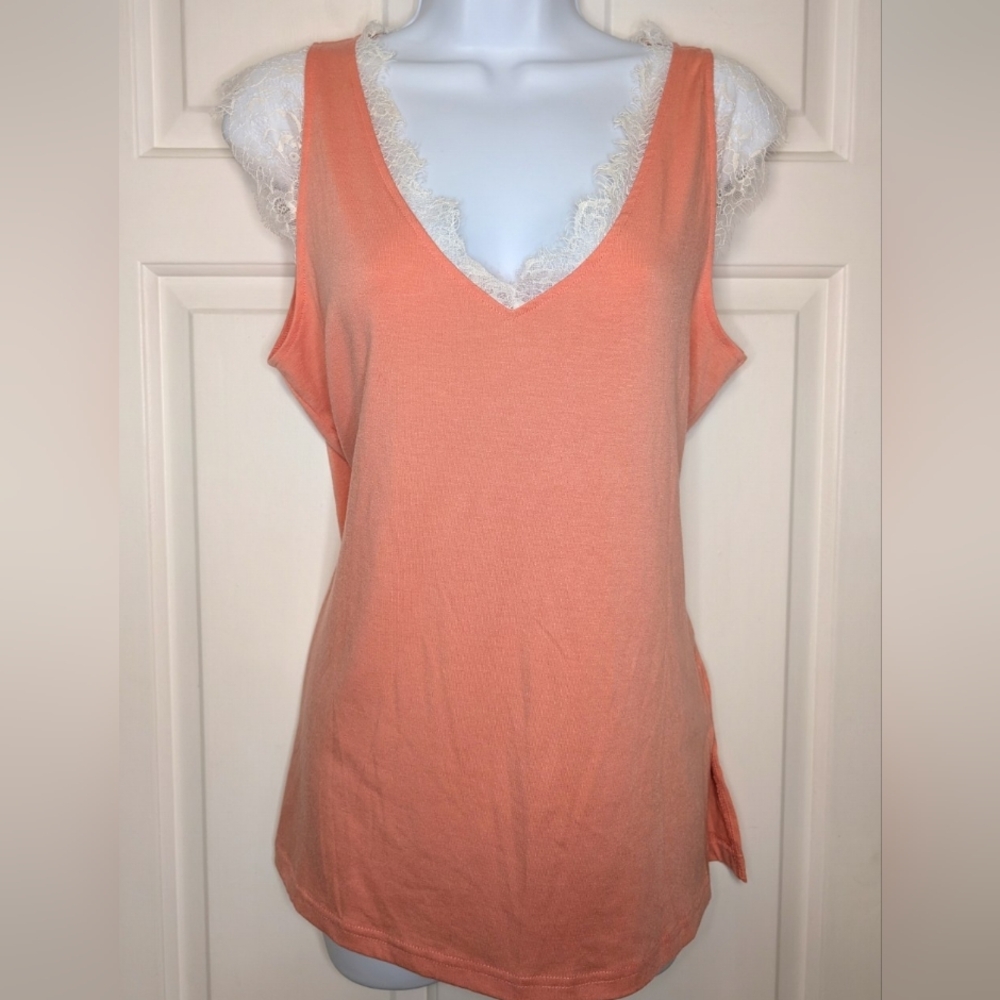 Sleeveless Tank Top With Peach Lace Trim  Size M
